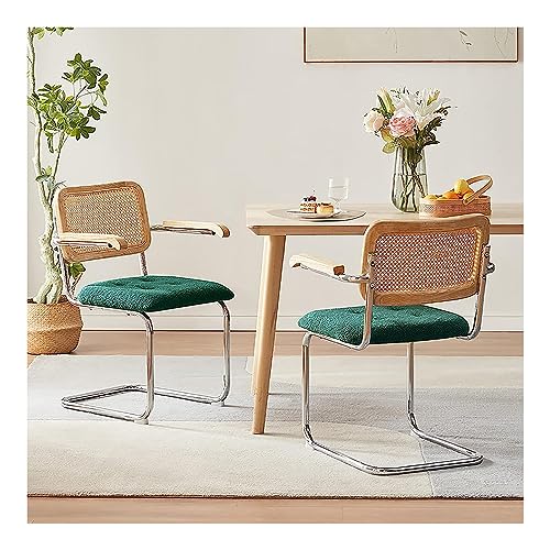 Rattan-Esszimmerstühle mit Armlehnen, 2er-Set, moderne Mid-Century-Esszimmerstühle mit geflochtener Rattan-Rückenlehne, Samtsitz, Beistellstuhl für Esszimmer, Küchenhöhe 65 cm, Grün/Schwarz/Grau/Weiß von lirrebol