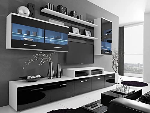 lukmebel Wohnwand BETA Weiß Hochglanz Schrankwand Anbauwand Mediawand TV-Schrank mit LED-Beleuchtung Wohnzimmerschrank Wohnzimmer (Schwarz Hochglanz) von lukmebel