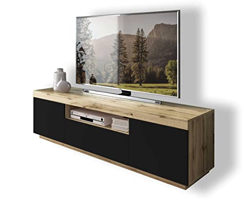 Yoshi TV-Schrank Eiche Wotan Schwarze Fronten Fernsehschrank mit Schubladen und Push to Open System TV- Bank Sideboard Lowboard Wohnwand von lukmebel