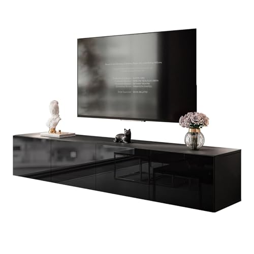 lukmebel Colgante TV-Ständer Doppelschrank mit Push-to-Open-Mechanismus Wandmontage Glatte Minimalistische Front aus Laminierter Platte 40x200x36 cm Schwarz/Schwarz Glänzend von lukmebel