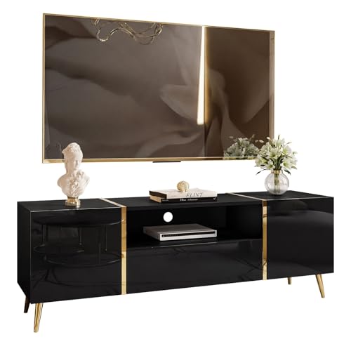 lukmebel RTV Schrank Onyx Auf Goldenen Beinen Hochglänzend Elegantes & Modernes Design Versteckte Ablagen Leicht Zu Reinigen Abrieb- Und Kratzfest Laminierte Platte 158x413x53cm Schwarz von lukmebel