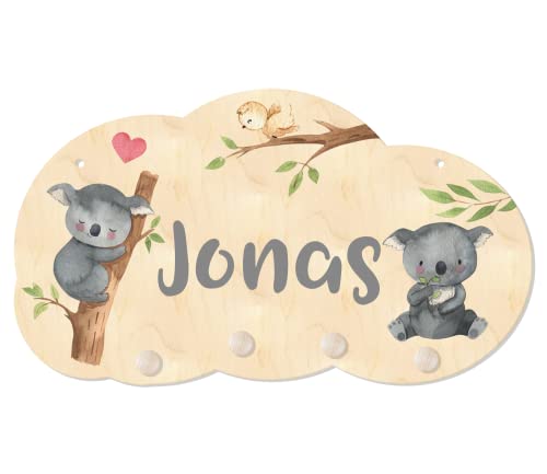 Personalisierte Kindergarderobe 'Koalabär' aus Holz mit vier Kleiderhaken, Garderobe für Kinder mit Wunschnamen, Motiv Koala, ca. 35 x 20 cm (Grau) von lunabee