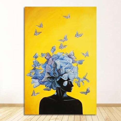 Gelb Blau Abstraktes Mädchen Mit Schmetterling Leinwand Malerei Poster Und Drucke Wandkunst Bilder for Wohnzimmer Wohnkultur(Size:60x90cm No Frame) von luose