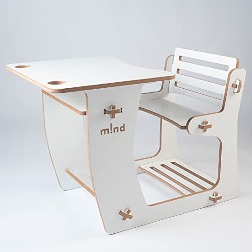 m!nd Kinderschreibtisch mit integrierter Sitzbank, Kindertisch aus weißem MDF-Holz, 2 Einsätze für Stiftebecher, Spieltisch mit abgerundeten Ecken - (L) 65×95,6×68,7 cm von m!nd