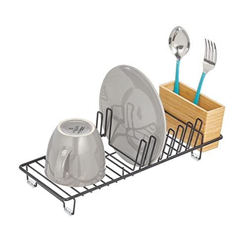 mDesign Abtropfgestell aus Metall – Abtropfablage für die Küchentheke, Arbeitsplatte oder Spüle – mit Besteckhalter aus Bambus – schwarz und naturfarben von mDesign
