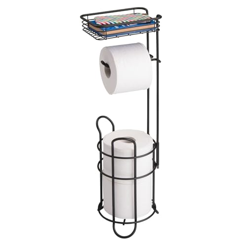 mDesign Toilettenpapierhalter – eleganter Papierrollenhalter aus Metall – WC-Rollen-Halter mit Regal – praktische Aufbewahrung fürs Badezimmer – mattschwarz von mDesign