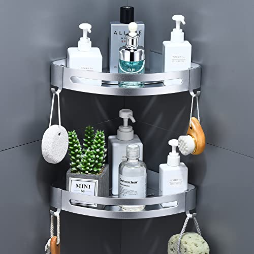 Duschregal Ecke, Duschablage Ohne Bohren Eckregal Bad Metall Badezimmer Regal Dreieck Wand Duschkorb mit 4 Haken, Wandregal für Shampoo(2 Stück,Sandstrahlen Silber) von maifey