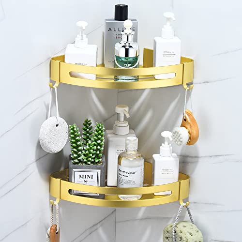 Duschregal Ohne Bohren, Duschablage Eckregal Space Aluminium Badezimmerregal Wandmontage Dreieck Duschkorb mit Haken Badregal Organizer für Shampoo,Anti Rost(2 Stück,Sandstrahlen Gold) von maifey