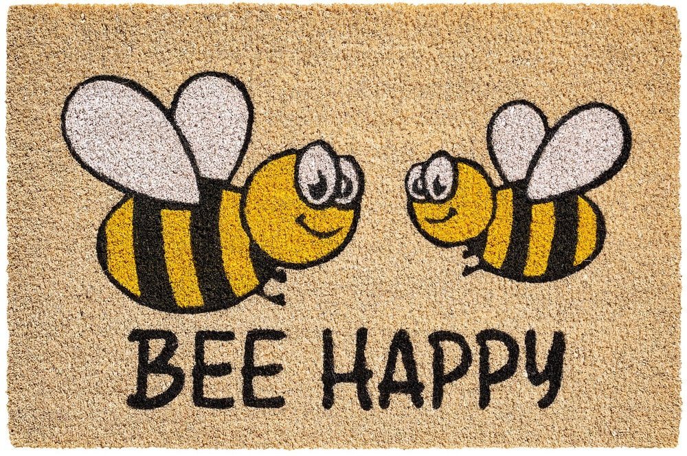 Fußmatte Kokosmatte Bienen Bee Happy Spruch als aussen Sauberlaufmatte, matches21 HOME & HOBBY, rechteckig, Höhe: 15 mm, Rutschfeste Kokos-Türmatte als Outdoor Schmutzfangmatte 40x60 cm von matches21 HOME & HOBBY