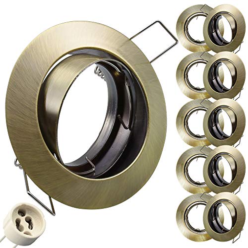 max K O M F O R T 10x SET Einbaustrahler + GU10 für 230V alt Messing Schwenkbar rund Einbau Spots Decken Strahler Leuchte Spots Deckenleuchte Lampe Einbauleuchte Einbaurahmen 104S-TP MS von max K O M F O R T