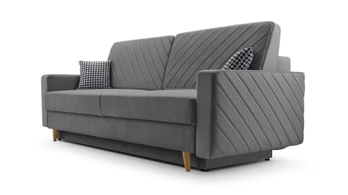 Sofa aus Samtstoff mit Schlaffunktion und Bettkasten Couch für Wohnzimmer Schlafsofa Sofagarnitur Polstersofa Wohnlandschaft mit Bettfunktion Velours 230x100x85cm - CALIFORNIA - Grau (Kronos 22) von mb-moebel