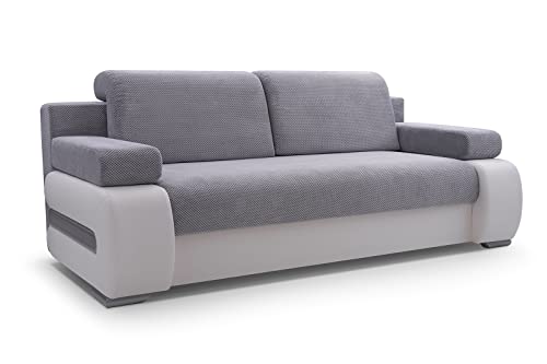 mb-moebel Sofa mit Schlaffunktion und Bettkasten Couch für Wohnzimmer Schlafsofa Schlafcouch Sofagarnitur Polstersofa Wohnlandschaft mit Bettfunktion 3 Sitzer - 206x96x82 cm - York (Hellgrau + Weiß) von mb-moebel