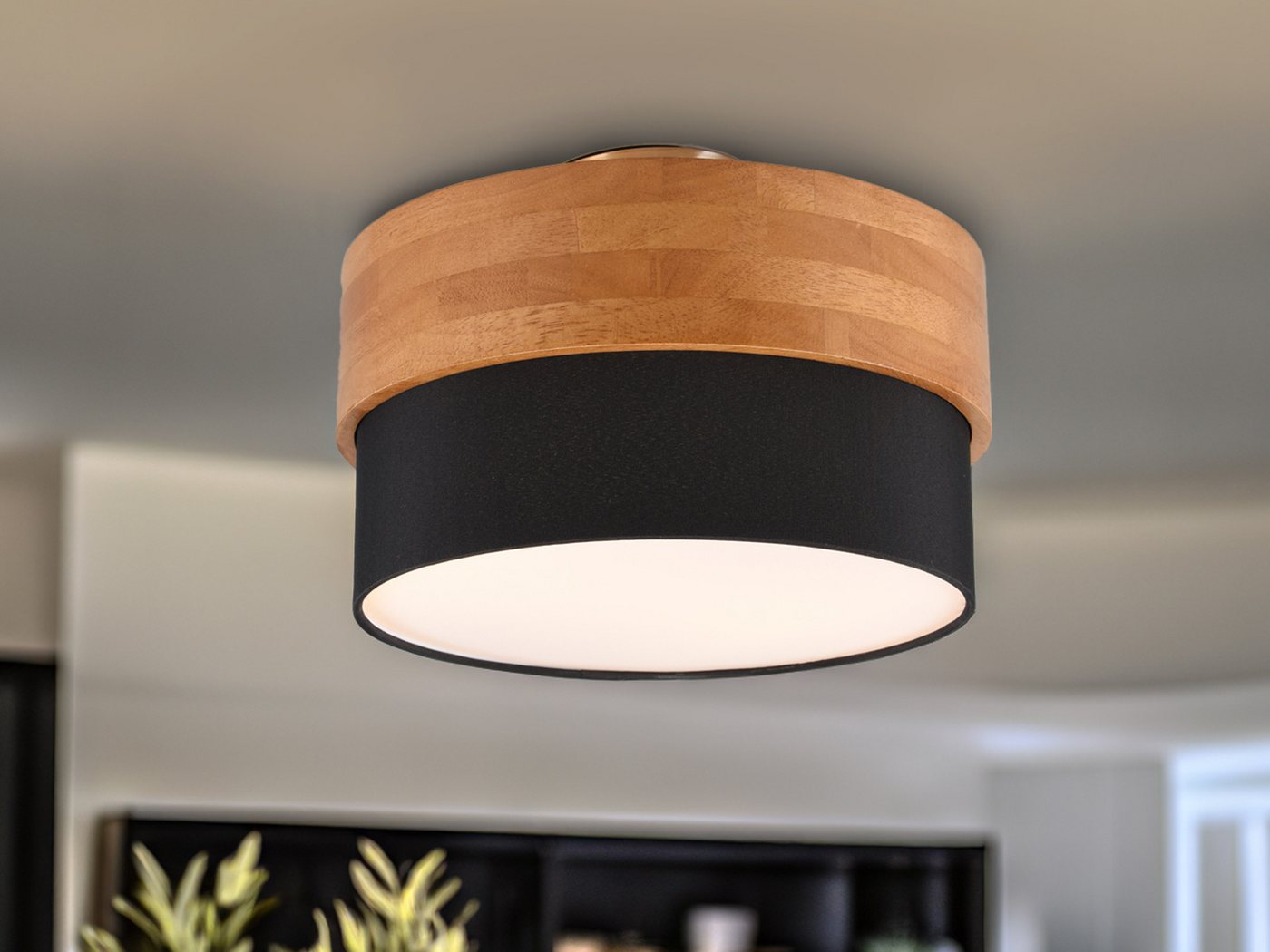 meineWunschleuchte LED Deckenleuchte, LED wechselbar, Warmweiß, Holz-lampe übern Esstisch Lampenschirm Stoff Treppenhaus Schwarz Ø30cm von meineWunschleuchte