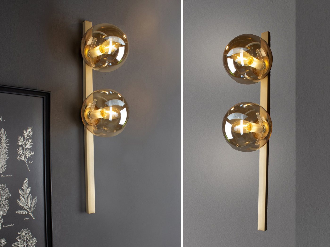 meineWunschleuchte LED Wandleuchte, Dimmfunktion, LED wechselbar, Warmweiß, innen, Bauhaus Lampe mit Schalter, 2x Glas-kugel, Gold-en, H: 60cm von meineWunschleuchte