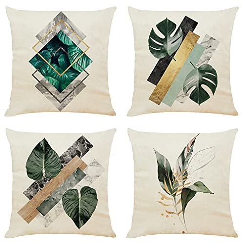 meioro Dekorative Malerei Kissenbezug 4er Pack, 45x45cm Leinen Kissenbezüge Quadratischer Kissenhülle für Wohnzimmer Sofa Bett Kopfkissenbezug Throw Kissenbezüge (Grünes Blatt 1) von meioro