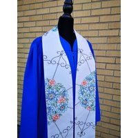 Bezaubernde Bestickte Blumenhochzeitsstola Für Pastor, Geistlichen, Priester Oder Pastor Mit Petrol, Blau Und Orange Vintage Handgenähter Blume von micah6verse8