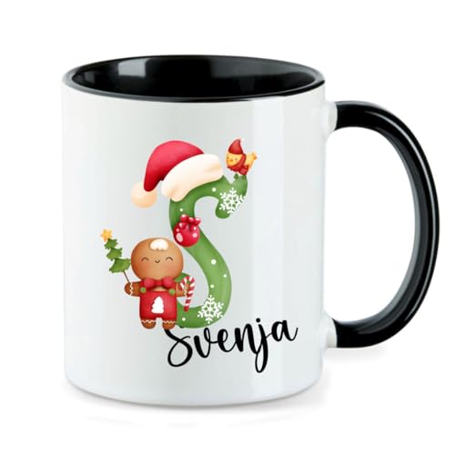 minimutz Weihnachtstasse Kinder mit Name personalisiert | Tasse Trinkbecher Kaffeetasse Keramik Mädchen Jungen | Teetasse Weinachtsalphabet ABC (schwarz) von minimutz