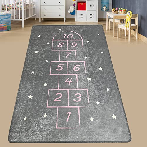 miqna Hopscotch Kinderzimmerteppich, waschbare Kindermatte, Kinderspielmatte,Spielteppich Jungen & Mädchen für Schlafzimmer & Spielzimmer (Grau, 100 x 160 cm) von miqna