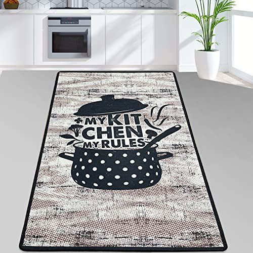 miqna Teppich Moderner Küchenteppich Gel Läufer Küchenläufer Grau Weiß Schwarz mit rutschfestem Bodenmuster mit Schriftzug Coffee Macchiato (Catinus, 80 x 200 cm) von miqna