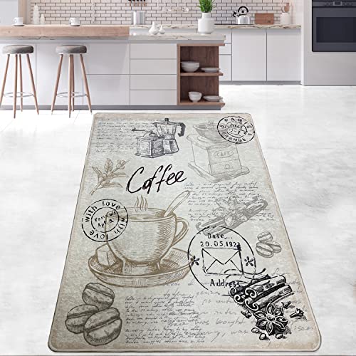 miqna Teppich Moderner Küchenteppich Gel Läufer Küchenläufer Grau Weiß Schwarz mit rutschfestem Bodenmuster mit Schriftzug Coffee Macchiato (Core, 80 x 200 cm) von miqna