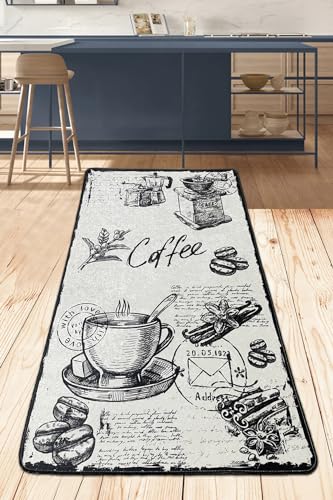 miqna Teppich Moderner Küchenteppich Gel Läufer Küchenläufer Grau Weiß Schwarz mit rutschfestem Bodenmuster mit Schriftzug Coffee Macchiato (Core Black, 80 x 200 cm) von miqna