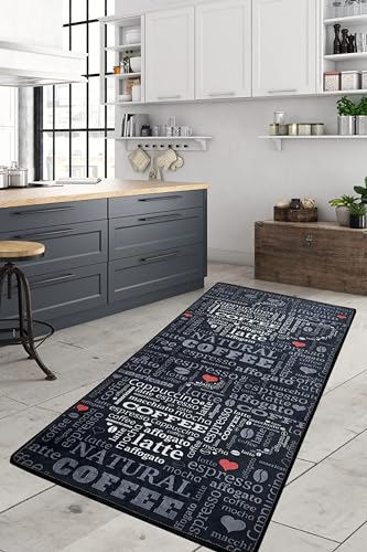 miqna Teppich Moderner Küchenteppich Gel Läufer Küchenläufer Grau Weiß Schwarz mit rutschfestem Bodenmuster mit Schriftzug Coffee Macchiato (Schwarz, 80 x 200 cm) von miqna