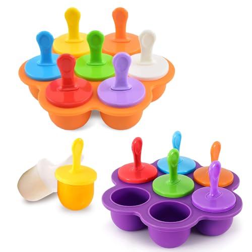 mizikuu Eisformen Silikon, 2 Satz 7 Mulden Eisform mit Bunten Kunststoffstäbchen BPA Frei Mini Eisförmchen Stieleisformer Popsicle Formen Kinder zum Einfrieren Obst oder Joghurt, Orange Und Lila von mizikuu