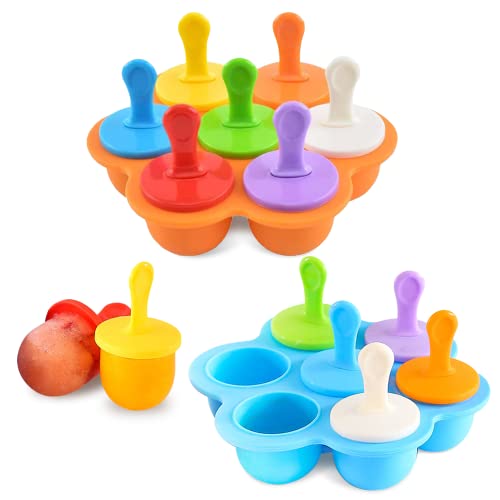 mizikuu Eisformen Silikon, 2 Satz 7 Mulden Eisform mit Kunststoffstäbchen BPA Frei Mini Eisförmchen Stieleisformer Popsicle Formen mit Bunten Kunststoff-Sticks Kinder zum Einfrieren Obst oder Joghurt von mizikuu