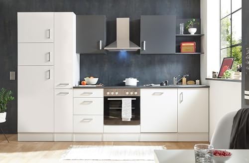 Corner 310 Moderne Küchenzeile ohne Elektrogeräte in Weiß, Anthrazit - Geräumige Einbauküche mit viel Platz und Stauraum - 310 x 211 x 60 cm (B/H/T) von möbelando