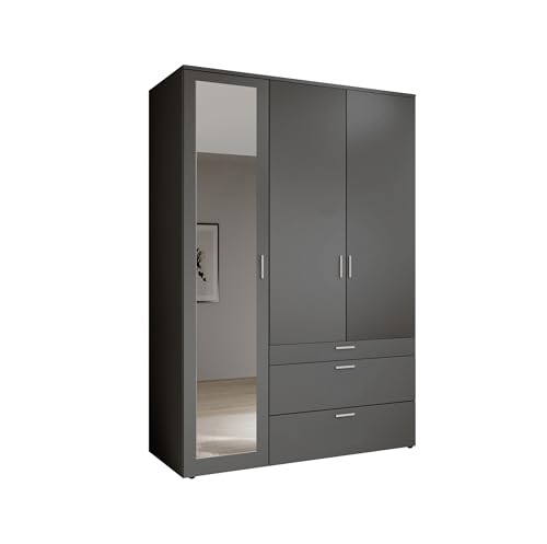 Drehtürenschrank >Vesala< Graphitfarbener Kleiderschrank mit Spiegel, 3 Türen & 3 Schubladen, 135x195 cm, Melamin, 4 Einlegeböden, Kleiderstange, Schubkasteneinteilung, zerlegt geliefert Drehtürenschrank >Vesala< Graphitfarbener Kleiderschrank mit Spiegel, 3 Türen & 3 Schubladen, 135x195 cm, Melamin, 4 Einlegeböden, Kleiderstange, Schubkasteneinteilung, zerlegt geliefert von möbelando