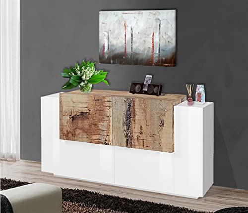 möbelando Sideboard Kommode Highboard Beistellschrank Anrichte Schrank Catania II Weiß Hochglanz/Ahorn Nachbildung von möbelando