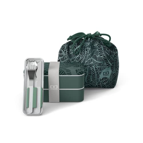 monbento - Jungle Lunchbox Set - Mit Bento Box MB Original Jungle mit Fächern Made in France, Besteck-Set MB Slim Box Natural, Bento Tasche MB Pochette M Jungle - Natur Muster - BPA Frei - Grün von monbento