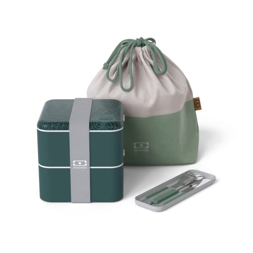 monbento - Jungle Lunchbox Set - Mit Bento Box MB Square mit Fächern Made in France, Besteck-Set MB Slim Box Natural, Tasche MB Pochette L Natural - BPA Frei - Lebensmittelecht - Natur Muster - Grün von monbento