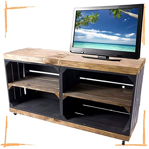 moooble TV-Schrank aus Regalkisten schwarz und „Used“ auf Rollen 100cm x30cm x50cm Fernsehtisch Black braun klassisch Weinkisten Tisch Schrank Vintage Obstkiste Fernsehregal Mehrzweck Wohnzimmer von moooble