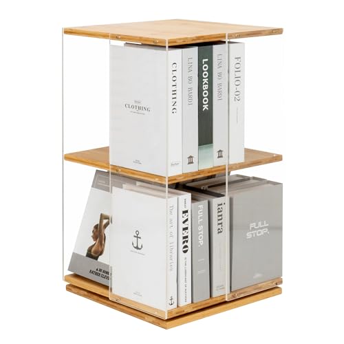 mosegor Drehbares Bücherregal Acryl Standregal 360° frei drehbar Büroregal Drehregal Dekoregal aus Bambus-Verkleidung Lagerregal für Schlafzimmer, Wohnzimmer, Arbeitszimmer und Büro 33x33x62cm von mosegor