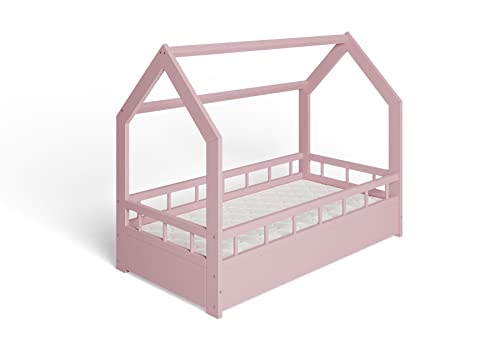 ms factory Hausbett Kinderbett 70x140 cm mit Rausfallschutz und Lattenrost - Einzelbett aus Kiefernholz für Mädchen und Junge - Rosa von ms factory