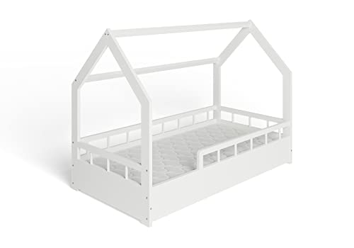 ms factory Hausbett Kinderbett 80x160 cm mit Rausfallschutz und Lattenrost - Einzelbett aus Kiefernholz für Mädchen und Junge - Weiß von ms factory