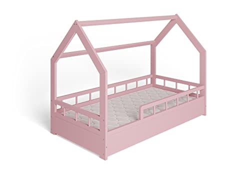 ms factory Hausbett mit Matratze Kinderbett 80x160 cm mit Rausfallschutz und Lattenrost - Einzelbett aus Kiefernholz für Mädchen und Junge - Rosa von ms factory