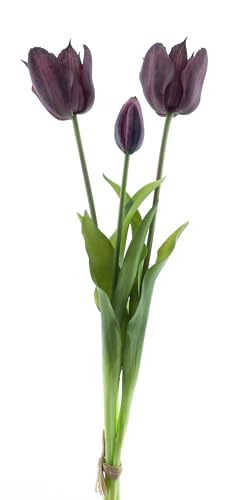 mucplants künstliche offene Tulpen 48cm Open Tulpenbündel mit 2 Tulpen und 1 Tulpenknospe real Touch (Aubergine) von mucplants