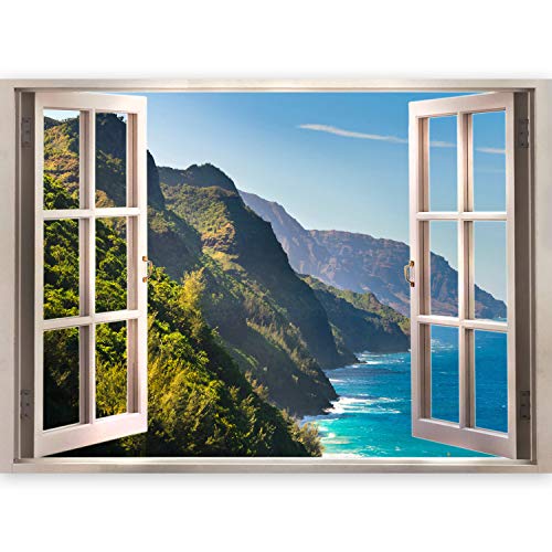 murando - 3D WANDILLUSION 140x100 cm Wandbild - Fototapete - Poster XXL - Fensterblick - Vlies Leinwand - Panorama Bilder - Dekoration - Meer Strand Dünen von murando