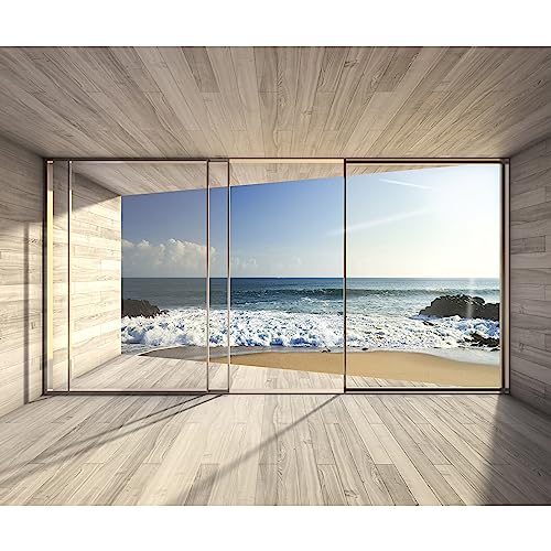 murando Fototapete selbstklebend Meer Fenster 294x210 cm Tapete Wandtapete Klebefolie Dekorfolie Tapetenfolie Wand Dekoration Wandaufkleber Wohnzimmer See Natur Landschaft 3D Holz von murando