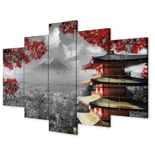 murando - Wandbilder XXL Japan 100x50 cm 5 tlg Wand Deko Leinwand Bilder Groß Wanddeko Wohnzimmer Schlafzimmer Kunstdrucke - Landschaft Japanisches Haus Schwarz Weiß Herbst Rot c-C-0241-b-m von murando