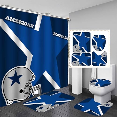 Namdeva 4-teiliges Sport-Duschvorhang-Set, American Football, 3D Marineblau Texas Stern grauer Helm, weiße Zitate Touchdown Man Cave Badezimmer Dekor, Teenager, Jungen von namdeva