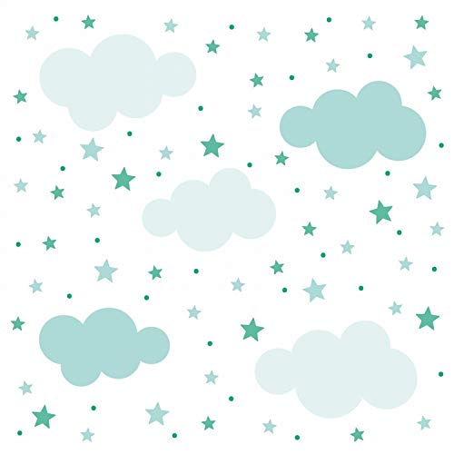 nikima Schönes für Kinder 142 Wandtattoo Wolken, Sterne und Punkte Set Mint grün blau - 87 Stück - in 6 vers. Größen - süße Kinderzimmer Sticker Aufkleber - Größe 750 x 420 mm von nikima Schönes für Kinder