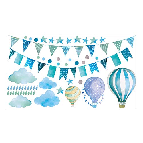 nikima Schönes für Kinder 016 Wandtattoo Girlande Wimpelkette Ballon Wolke Regen Sterne Mint blau grün Aquarell - in 6 Größen - Kinderzimmer Sticker Babyzimmer Wandbild Junge - 1000 x 560 mm von nikima Schönes für Kinder