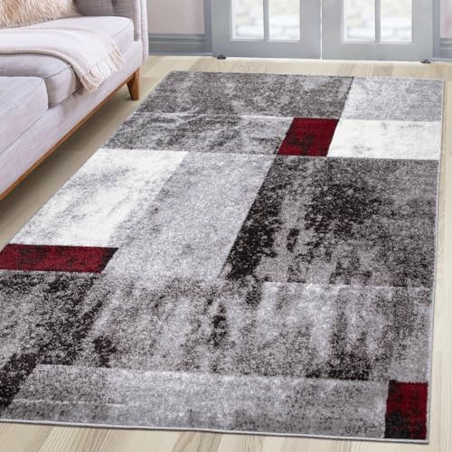 oKu-Tex Kurzflorteppich | Designteppich | Teppich Wohnzimmer | Florhöhe: 9 mm | besonders weicher Flor | geometrisches Muster | modern | meliert grau rot | dichte Qualität | 200 x 290 cm von oKu-Tex