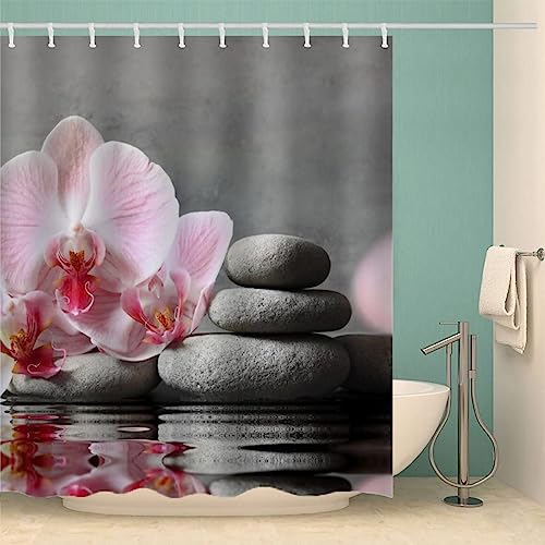 okoikfc Duschvorhang 180x180 cm Grauer Stein, 3D Orchidee Duschvorhang Anti-Schimmel Textil, Shower Curtains Polyester Stoff Wasserdicht Duschvorhänge für Badezimmer, Bad Vorhang mit 12 Haken von okoikfc