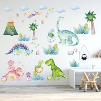 Bunte Dinosaurier Wandsticker Xl Set, Dino Aquarell Wandtattoo Kinderzimmer, Familie Mit Palmen Und Blumen von olliellidesign