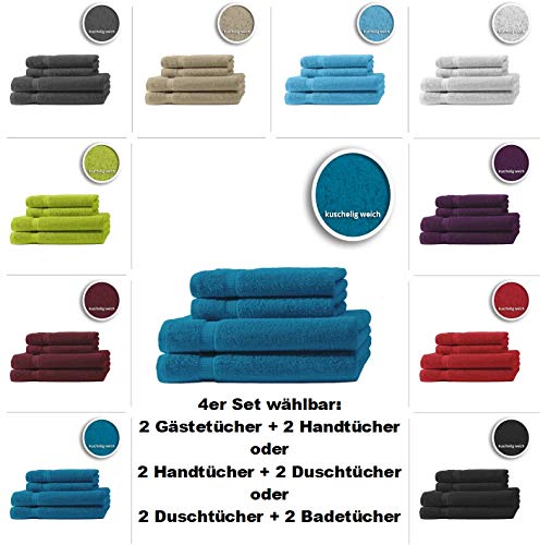 one-home 4er/6er Set Gästetücher Handtücher Duschtücher Badetücher Frottee 100% Baumwolle, Präzise Farbe:Petrol, Maße:2 Handtücher + 2 Duschtücher von one-home