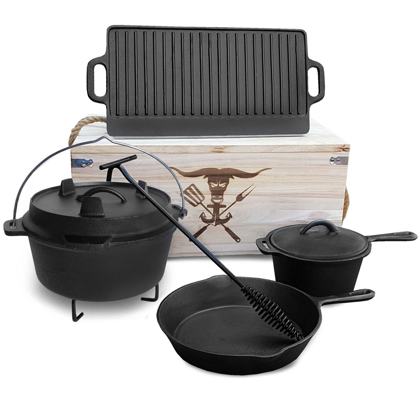 osoltus Bratpfanne osoltus Dutch Oven Grill Gusseisen 7-tlg. Set in Holzkiste von osoltus